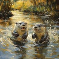 Two Otters Playing in a River Royalty Free Stock Photo