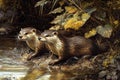Two Otters Playing in a Stream Royalty Free Stock Photo