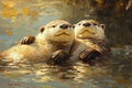 Two Otters Relaxing in Water Royalty Free Stock Photo