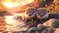 Two otters are sitting on a rock next to the water, AI Royalty Free Stock Photo