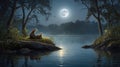 Two Otters by Moonlight on a Riverbank: Serene Night Scene Royalty Free Stock Photo