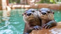 Two otters are standing on a rock in the water, AI Royalty Free Stock Photo