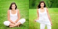 Two outdoor photos of a beautiful young woman wearing white sportswear