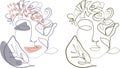 Two outline portraits of girl with flowers Royalty Free Stock Photo
