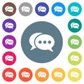 Two oval active chat bubbles solid flat white icons on round color backgrounds Royalty Free Stock Photo