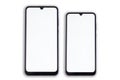 Two oval smartphones of different sizes lie symmetrically to each other with clean screens