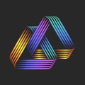 Two overlapping triangles logo vibrant geometric optical illusion with colorful twisted thin parallel lines forming an infinite