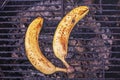 two overripe bananas on gil lattice. Royalty Free Stock Photo