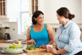 Two Overweight Women On Diet Preparing Vegetables in Kitchen