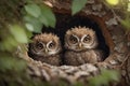 Two Owls babies sitting inside tree whole branch close to her nest.