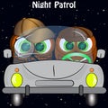 Two owls in the car. night patrol.