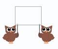 Two owls holding a placard