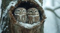 Two owls are looking out of a hollow tree in the snow Royalty Free Stock Photo