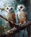 Two Owls Perched Digital Painting. AI generated Illustration
