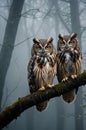 Two Long-eared Owls Perched on a Mossy Branch in a Foggy Forest Ambiance Royalty Free Stock Photo
