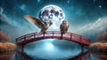 Two owls perched on a red bridge under a mystical moonlit night sky. Generative AI Royalty Free Stock Photo