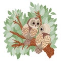 Two owls are sitting on a branch of a tree in the forest. Vector illustration. Royalty Free Stock Photo