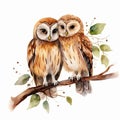 Owls Perched on Tree Branch Royalty Free Stock Photo