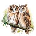 Owls Perched on Tree Branch Royalty Free Stock Photo