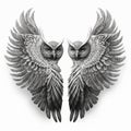 two owls with wings spread out on a white background, with a shadow of the two owls in the center of the image, and the two are Royalty Free Stock Photo