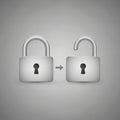 Two padlock icons on a gray background. The first is a closed padlock, while the secon Royalty Free Stock Photo