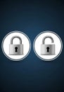 Two padlocks are displayed against a dark blue background, each within a white circula Royalty Free Stock Photo