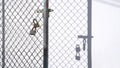 Two padlocks hanging on the old opened metal fence with sunlight and shadow on surface of white cement wall Royalty Free Stock Photo