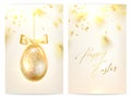 Two pages of happy easter greeting cards. Collection of invitation templates, golden easter eggs over blurred bokeh and