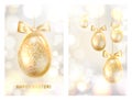 Two pages of happy easter greeting cards. Collection of invitation templates, golden easter eggs over blurred bokeh and