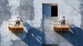 Two Painters on Suspended Scaffolds Working on a Building Facade Royalty Free Stock Photo