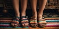 Two pairs of feet, one wearing rainbow-striped socks and the other in multicolored sandals, standing side by side on a Royalty Free Stock Photo