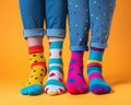 Two pairs of feet wearing colourful socks against orange background Royalty Free Stock Photo