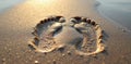 Two pairs of footprints in wet sand, side by side , coast, steps Royalty Free Stock Photo