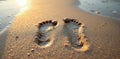 Two pairs of footprints in wet sand, side by side , steps, coast Royalty Free Stock Photo
