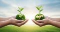 Hands holding green earth globes with plants, symbolizing global care Royalty Free Stock Photo