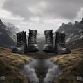 Two pairs of hiking boots working together to conquer a mountain trail