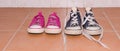 Two pairs of kids shoes , a pink and blue pair Royalty Free Stock Photo