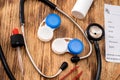 two pairs of lenses with a stethoscope and a prescription from a doctor spread out on the table Royalty Free Stock Photo