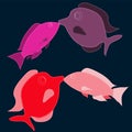 Two pairs of lovers, cute, beautiful, red, pink, purple fish stitched with white threads kiss on a dark blue background. Illustrat Royalty Free Stock Photo