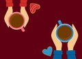 Two pairs of male and female hands are holding cups of coffee and a number of gingerbreads in the form of hearts.