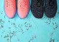 Two pairs of sports sneakers on a green background Royalty Free Stock Photo