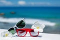 Two pairs of sunglasses on background of ocean Royalty Free Stock Photo