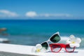 Two pairs of sunglasses on background of ocean Royalty Free Stock Photo