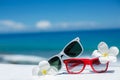 Two pairs of sunglasses on background of ocean Royalty Free Stock Photo