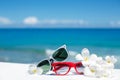 Two pairs of sunglasses on background of ocean Royalty Free Stock Photo