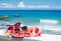 Two pairs of sunglasses on background of ocean Royalty Free Stock Photo