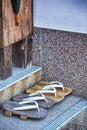 Two pairs of Traditional Japanese Sabot Sandals Near The Shrine Entrance on Mount Koyasan