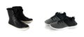 Two pairs of womens black sneakers isolated on white background. Royalty Free Stock Photo