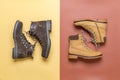 Two pairs of yellow and brown men`s and women`s winter suede leather stylish boots on color background. Casual trendy footwear, Royalty Free Stock Photo