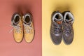 Two pairs of yellow and brown men`s and women`s winter suede leather stylish boots on color background. Casual trendy footwear, Royalty Free Stock Photo